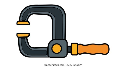 A clean vector illustration of a metal C-clamp tool featuring an orange wooden handle and a dark grey frame. This functional hardware icon is perfect for construction, woodworking, and industrial repair themes.