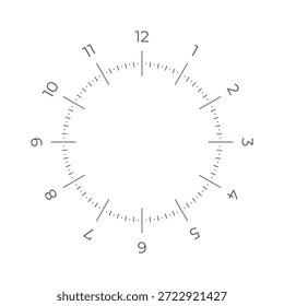 Clean vector illustration of minimalist clock face with circular time scale, hour numbers and minute marks, simple geometric line design isolated on white background