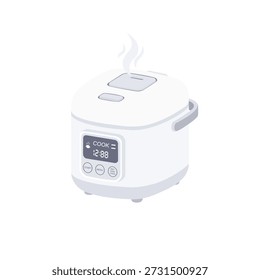 A clean vector illustration of a modern electric rice cooker with a digital control panel. The appliance features a minimalist white design, a top steam vent releasing heat, and a clear display showing cooking time. The simple and elegant style makes this illustration suitable for kitchen appliances, home cooking, smart kitchen technology, and household electronics concepts. Isolated on a white background for easy use in design projects.
