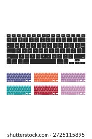 Una Ilustración vectorial limpia de un diseño moderno de teclado para computadora portátil con una versión principal negra y seis variaciones de colores vibrantes que incluyen verde azulado, naranja y púrpura.