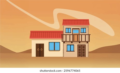 A clean vector illustration of a modern village house with red roofs, large windows, and a balcony. The background has warm desert colors, giving a peaceful countryside feel