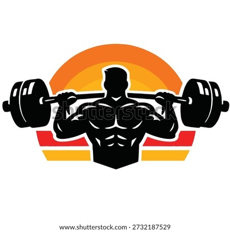 Clean vector illustration of a muscular powerlifting athlete holding a barbell across the shoulders, designed as a bold silhouette with a retro sunset backdrop. Suitable for fitness, strength training, gym branding, sports themes, and health or workout related visual content. Isolated, high contrast, simple composition for clear visibility at small and large sizes.