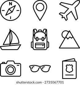 Una Ilustración vectorial limpia de nueve íconos para viajes y aventuras, incluyendo una brújula, un pin de mapa, un velero, una cámara y un avión, perfecto para la planificación de vacaciones.