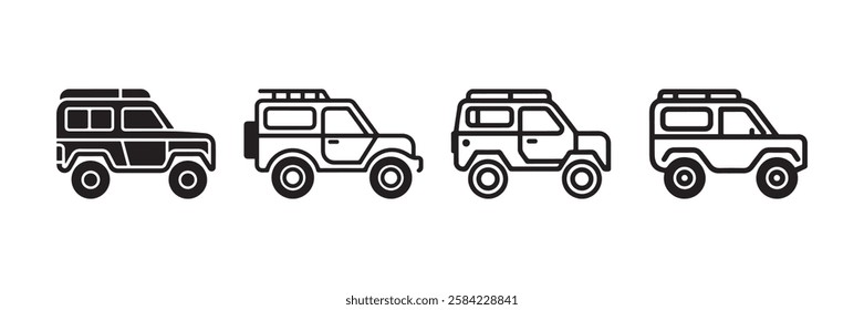 Clean vector illustration of off-road vehicle icons in a modern minimalist style, ideal for automotive, travel, adventure, and outdoor-themed design projects