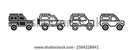 Clean vector illustration of off-road vehicle icons in a modern minimalist style, ideal for automotive, travel, adventure, and outdoor-themed design projects