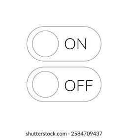 A clean vector illustration of on,off toggle switch icons in a minimalist line art style on a white background, for user interfaces, mobile apps, website elements, presentations.
