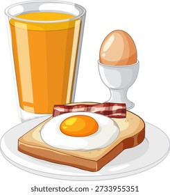 A clean vector illustration of orange juice, boiled egg, and fried egg on toast