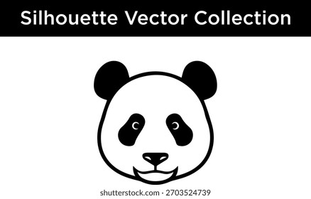 Clean vector illustration of a panda's head, black and white, with prominent dark eye patches, round ears, and a friendly expression.