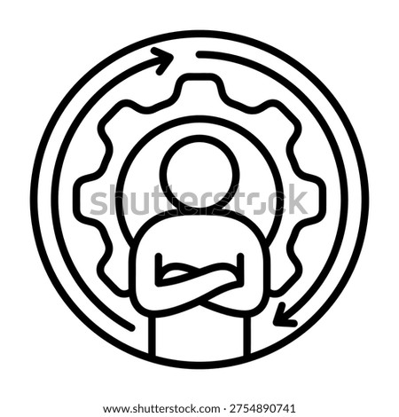 A clean vector illustration of a person inside a gear with rotating arrows, symbolizing workflow optimization, career advancement, and efficient business management processes.