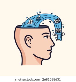 Una Ilustración vectorial limpia de la cabeza de una persona con un río de conocimiento que fluye de ella.