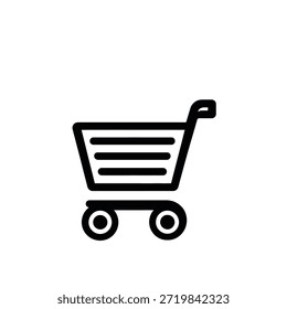 Una Ilustración vectorial limpia presenta un ícono de Carrito de compras negro con un diseño simplista y minimalista con líneas Horizontales y llantas, ideal para el comercio electrónico.
