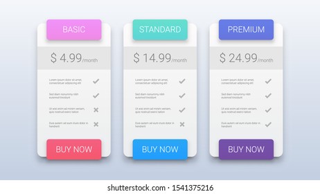 Clean Vector Illustration of Pricing Table with Three Options Isolated