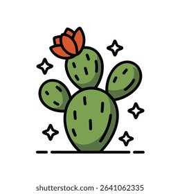 A clean vector illustration of a prickly pear cactus with a bright blooming flower on top
