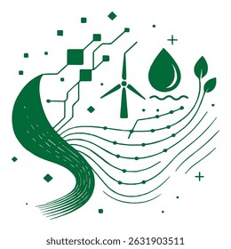 A clean vector illustration of renewable energy icons—solar panel, wind turbine, and water droplet—surrounded by a green circular arrow and leaves, symbolizing sustainability and clean energy solution