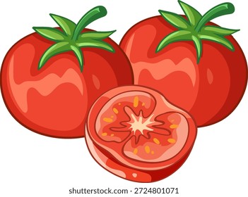 Ilustración vectorial limpia de tomates rojos maduros con subgrupos verdes aislados sobre fondo blanco