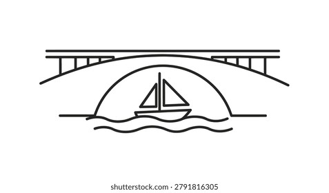 Clean vector illustration of a sailing boat passing through a bridge, ideal for modern branding, nautical logos, and minimalist graphic design projects.