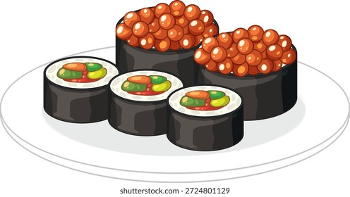 Saubere Vektorgrafik von Lachsrogen-Gunkan und Maki-Sushi-Brötchen auf weißem Teller