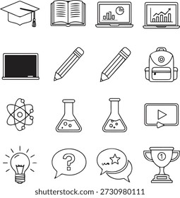 Una Ilustración vectorial limpia de un conjunto de iconos de ciencia y educación con símbolos médicos, escolares, de libros, de computadoras y de Web para el uso del diseño moderno.