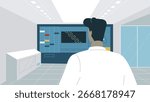 A clean vector illustration of a scientist standing in a high-tech laboratory. The room features data charts, 
a DNA helix, a laptop.