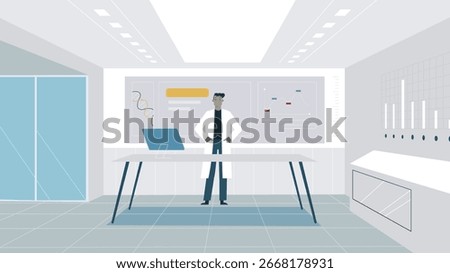 A clean vector illustration of a scientist standing in a high-tech laboratory. The room features data charts, 
a DNA helix, a laptop.
