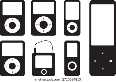 Uma série de ilustração vetorial limpa de players de música digital portáteis, mostrando recursos de design distintos em várias gerações. Apresentado em um estilo preto mínimo com layout de grade coeso, ideal para conceitos de tecnologia, retro e estilo de vida