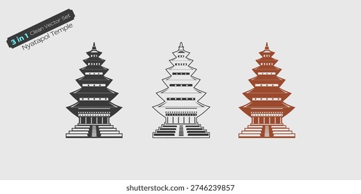 Clean vector illustration set featuring the iconic Nyatapola Temple of Bhaktapur rendered in three stylistic variations: solid silhouette, outline line art, and flat monochrome fill. Designed with precise geometric balance and architectural accuracy, this minimal artwork highlights traditional Nepali pagoda structure, tiered roofs, and heritage detailing. Ideal for travel graphics, cultural publications, educational materials, posters, souvenirs, and branding projects requiring recognizable historic landmarks in refined vector style.