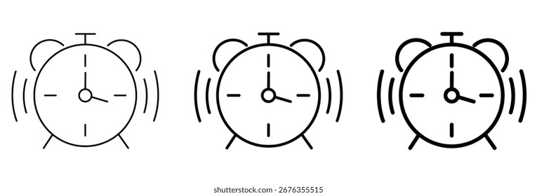 A clean vector illustration set showing ringing alarm clock icons in different stroke weights, designed in a simple line style and isolated on a white background.