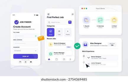 A clean vector illustration showcasing a job finder mobile application interface with screens for user registration, job searching, hiring process steps, and professional work experience.