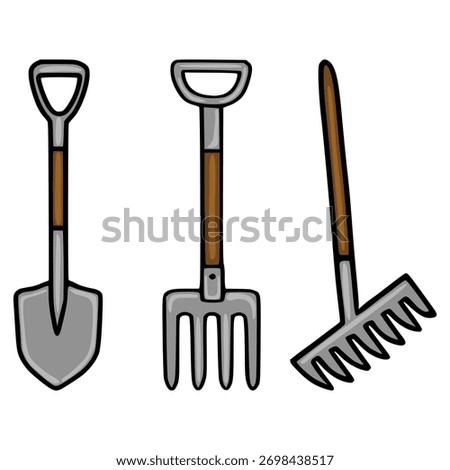 A clean vector illustration showcasing a shovel, a garden fork, and a rake, each with a gray metallic head and a brown wooden handle, presented against a white background.