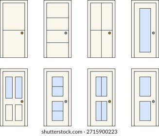 Ilustración vectorial limpia que muestra una colección de ocho diseños de puertas interiores en vista frontal. Incluye puertas paneladas, puertas lisas y puertas con inserciones de Vertical y vidrio rectangular. Estilo técnico plano con contornos claros, colores neutros y fondo transparente, adecuado para dibujos arquitectónicos y diseños de diseño de interiores.