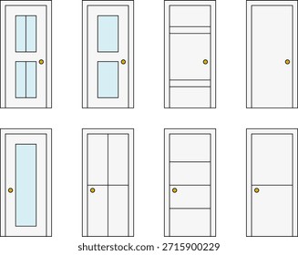 Clean vector illustration showing a collection of eight interior door designs in front view. Includes paneled doors, plain doors and doors with vertical and rectangular glass inserts. Flat technical style with clear outlines, neutral colors and transparent background, suitable for architectural drawings and interior design layouts.