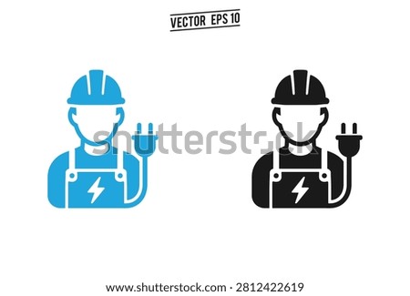 A clean vector illustration showing an electrician character wearing a safety helmet and overalls holding an electrical plug in blue and black styles.
