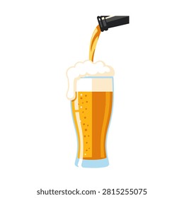 A clean vector illustration showing golden beer being poured from a dark bottle into a tall glass. The glass is filled with bubbly beer and topped with a thick, frothy white foam head that spills over the side. The design is minimalist and modern, set against a plain white background.