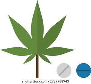 A clean vector illustration showing a green cannabis (marijuana) leaf combined with two medicine pills, symbolizing the relationship between medical cannabis and conventional pharmaceuticals. Commonly used to represent alternative medicine, medical marijuana, healthcare discussions, and evolving treatment approaches.