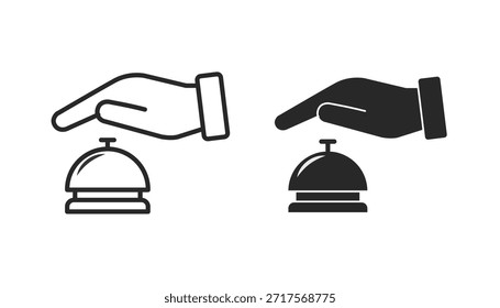 Eine saubere Vektorgrafik, die eine Hand zeigt, die nach außen reicht, um eine klassische Tischglocke zu drücken. Es steht für Gastfreundschaft, Unterstützung an der Rezeption und sofortigen Gästeservice.