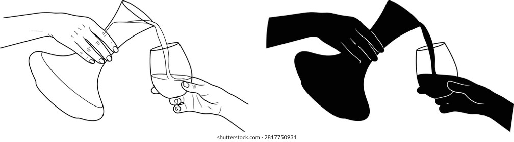 A clean vector illustration showing hands pouring red wine from a decanter into a wine glass, available in both outline and solid silhouette styles. Perfect for restaurants, winetasting events, vineyards, and beverage marketing concepts.
