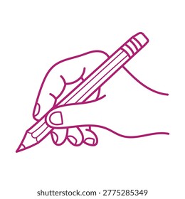 A clean vector illustration showing a human hand gripping a pencil in a writing or drawing gesture. The design utilizes thick magenta-colored continuous line work that.