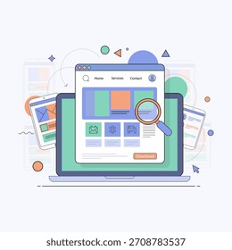 A clean vector illustration showing a laptop, website layout, search tools, and connected mobile devices, representing modern UI UX design, responsive layouts, and digital workflow.