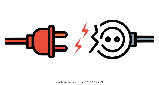 Una Ilustración vectorial limpia que muestra un enchufe rojo que se acerca a un enchufe con chispas de rayos rojos para representar energía y potencia. Este icono conceptual es ideal para temas relacionados con la conectividad eléctrica, la tecnología y las soluciones energéticas.