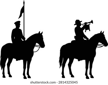 A clean vector illustration showing silhouettes of historic military cavalrymen on horseback, featuring a standard-bearer with a flag and a bugler blowing a horn. This graphic is ideal for historical commemorations, military ceremonies, and patriotic design projects.