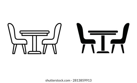 A clean vector illustration showing a table with two chairs in both outline and solid black icon styles.