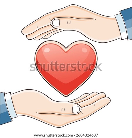 A clean vector illustration showing two hands cradling and protecting a large red heart. This universal image symbolizes health care, life insurance, security, love, charity