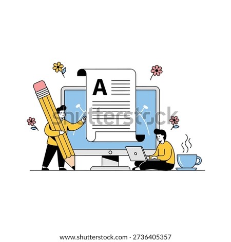 A clean vector illustration showing two people collaborating on digital content creation, online writing, and publishing tasks with computers.
