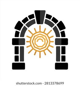 A clean vector illustration of a stone archway with a golden sun centered inside on a white background.