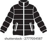 Clean vector illustration of a stylish black and white striped puffer jacket with drawstrings and side pockets.
