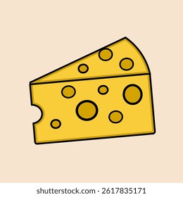 A clean vector illustration of a Swiss cheese wedge with round holes, designed in bold lines and flat yellow colors, perfect for food-related design projects.