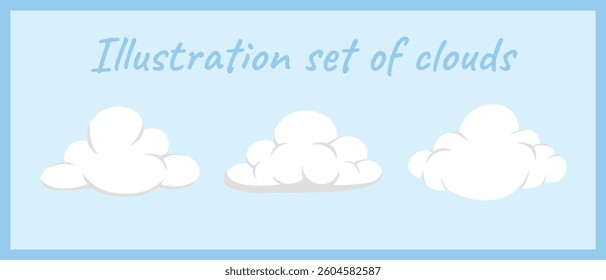A clean vector illustration of three stylized cartoon clouds with soft shadows, great for UI, weather apps, or children’s projects