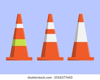 A clean vector illustration of three vibrant orange traffic cones with reflective stripes, perfect for signage, safety, and roadwork designs.