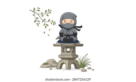 A clean vector illustration of a tiny chibi ninja character dressed in grey, sitting in a meditative pose atop a traditional Japanese stone lantern (toro). The character holds a small kunai weapon. The scene includes a delicate flowering branch, decorative rocks, and grass tufts, all isolated on a plain white background.