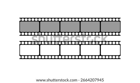 A clean vector illustration of two film strips, one with blank frames and one with gray frames. This graphic is perfect for movie, cinema, video, and photography-related designs